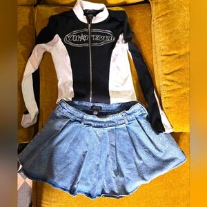 Sweet Society Whatever Mock Neck Ribbed Zip Girls Top And Denim Mini Skirt Set